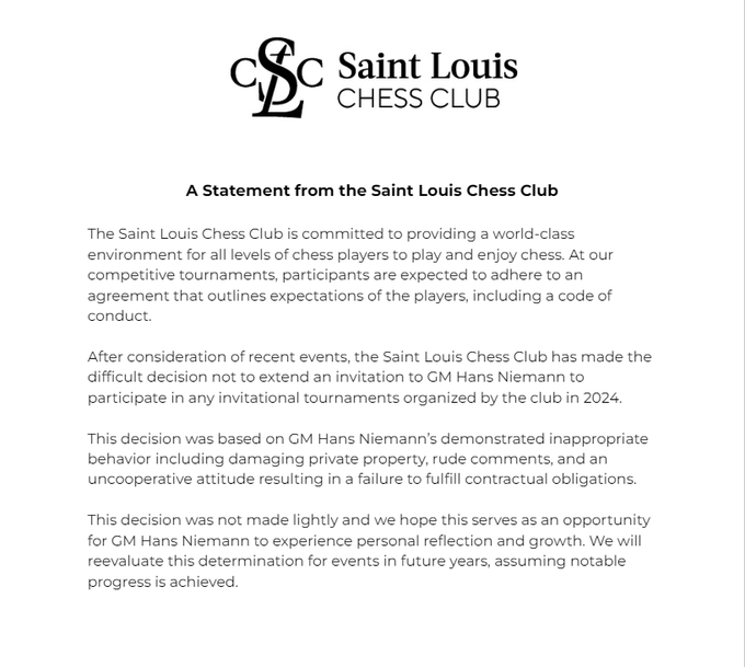 Letter from Saint Louis Chess Club explaining the banning of Hans Niemann from future events.