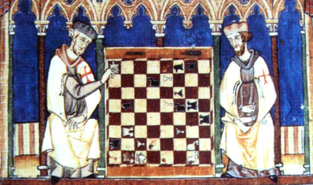 A thirteenth-century illustration of Knights Templar playing a game of chess, contained in a book produced under the direction of Alfonso X of Castile.