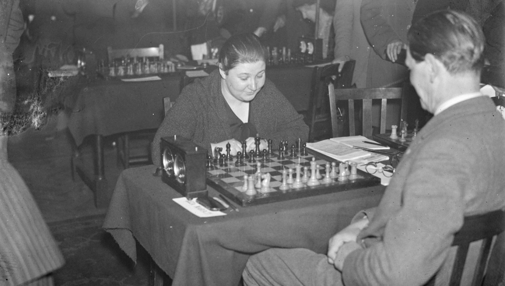 Vera Menchik, long-reigning women’s chess world champion, concentrating on a move during the International Chess Tournament which opened at the Central Hall, Westminster, London, 1 February 1932. Alamy