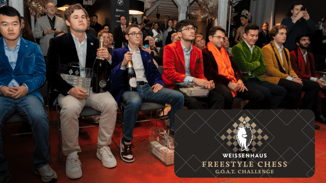 The players with their cash and champagne at the closing ceremony. Photo: Maria Emelianova/Chess.com.