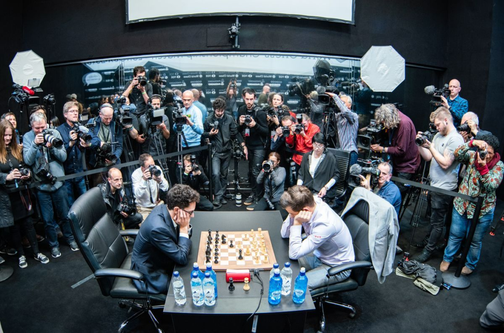 The media attention in London in 2018 was intense. Photo: Maria Emelianova/Chess.com.