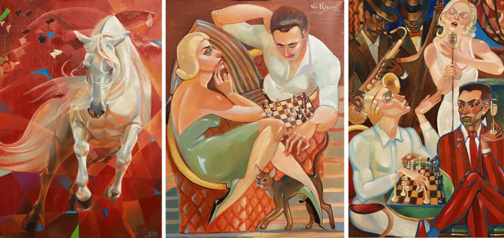 A collage of three paintings by WFM Maria Yugina.
