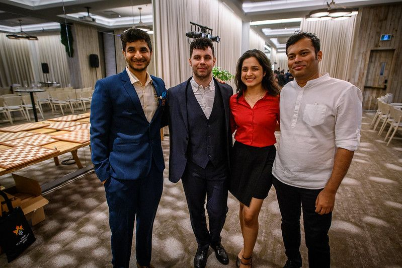 Vidit with Vocaturo, Vedika Gujrathi (his sister and manager), and Surya. Photo: Michal Walusza/FIDE.
