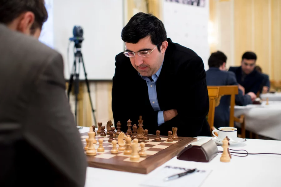 Russian chess grandmaster Vladimir Kramnik, right, concentrates during a February 2015 game against U.S. grandmaster Lewon Aronjan during the Zurich Chess Challenge.

Ennio Leanza/Keystone via AP