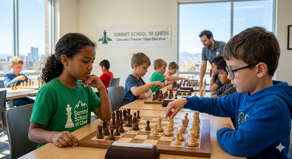 Kids playing chess at a Summit School of Chess program in Denver, Colorado.
