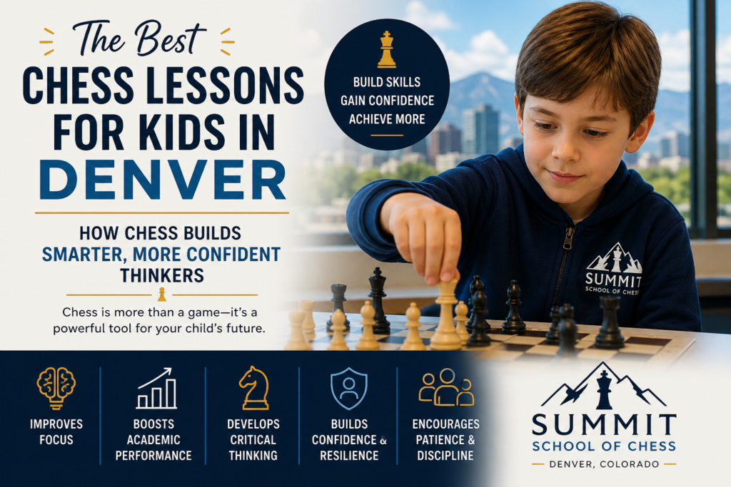Child playing chess in a Denver classroom with skyline in background, promoting chess lessons for kids that build critical thinking, focus, and confidence through Summit School of Chess.